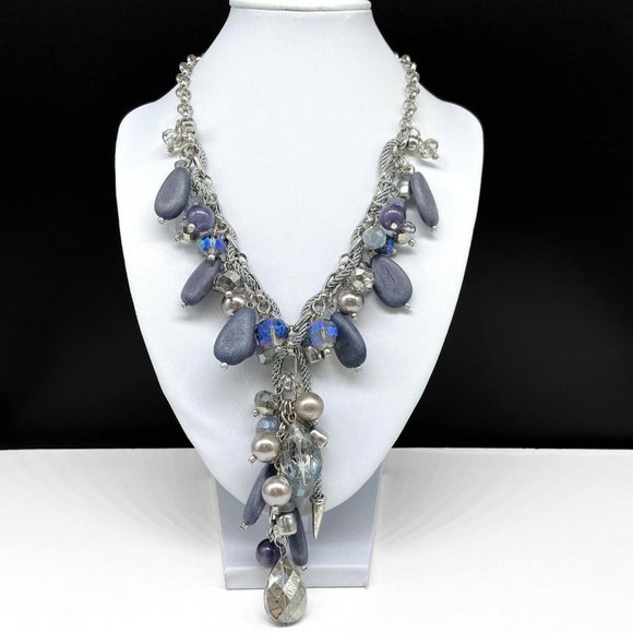 Chico’s Faux Pearl Crystal Wood Beaded Necklace - Picture 1 of 5